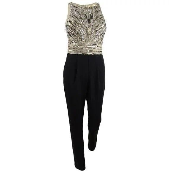 Aidan Mattox Womens 14 Black Nude Sequined Top Sleeveless Jumpsuit NWT AD80
